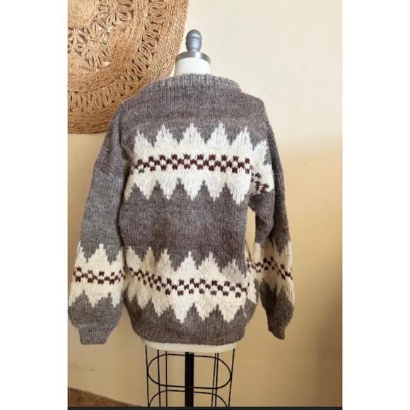 Vintage Wool Nordic Knit Sweater Gray White Brown Unisex L/XL Handmade Cozy - Picture 4 of 4